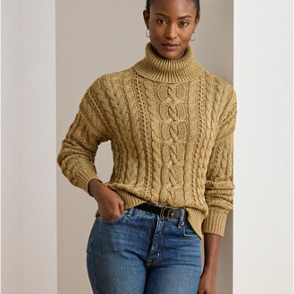 Splendor! Women's Cable Knit Turtleneck Sweater Tan size large 100% cotton